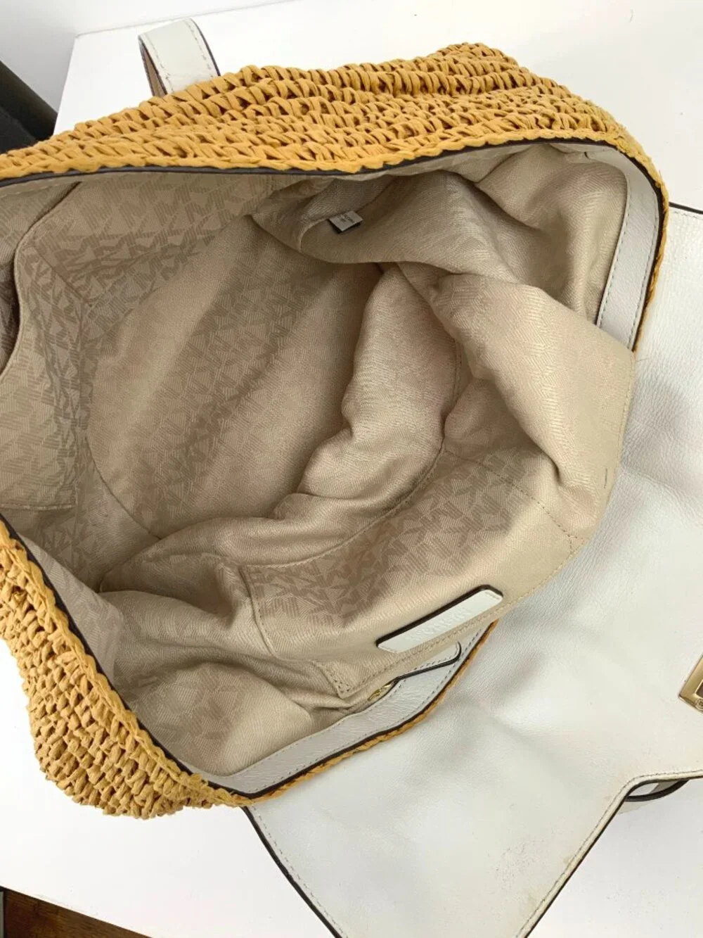 Michael Kors Naomi Straw Raffia Tote Bag White Leather Trim Vacation Summer